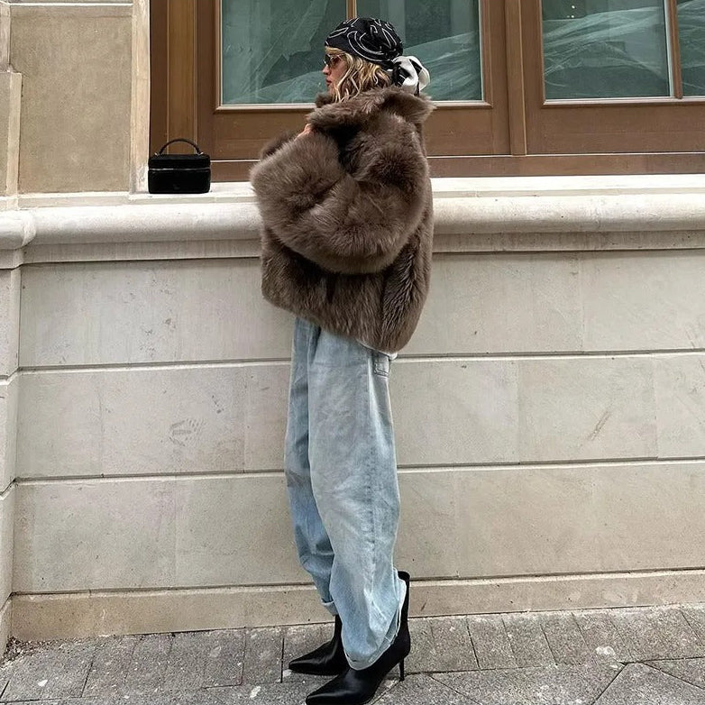 TAUPE BROWN OVERSIZED FAUX FUR COAT