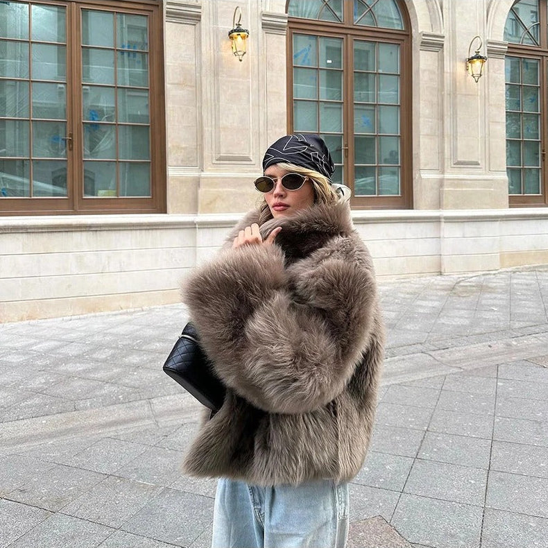 TAUPE BROWN OVERSIZED FAUX FUR COAT