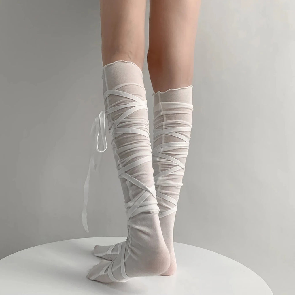 SHEER LACE-UP KNEE-HIGH SOCKS