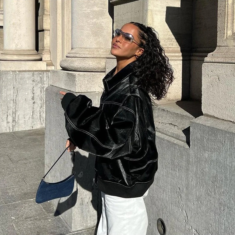 BLACK CONTRAST-STITCH FAUX LEATHER JACKET