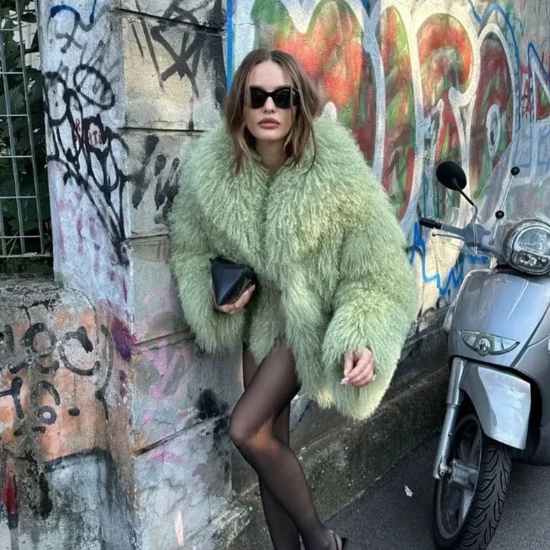 PASTEL GREEN FAUX SHEARLING OVERSIZED JACKET