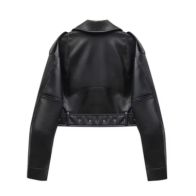 BLACK CROPPED FAUX LEATHER BIKER JACKET