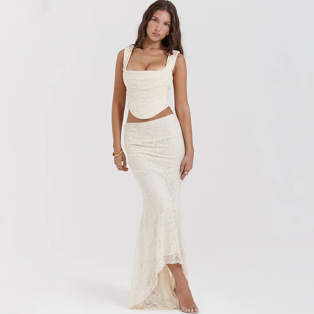 IVORY LACE CORSET TOP AND MAXI SKIRT SET