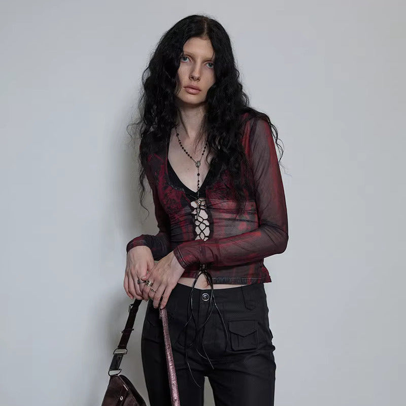 SHEER PRINTED LACE-UP TOP