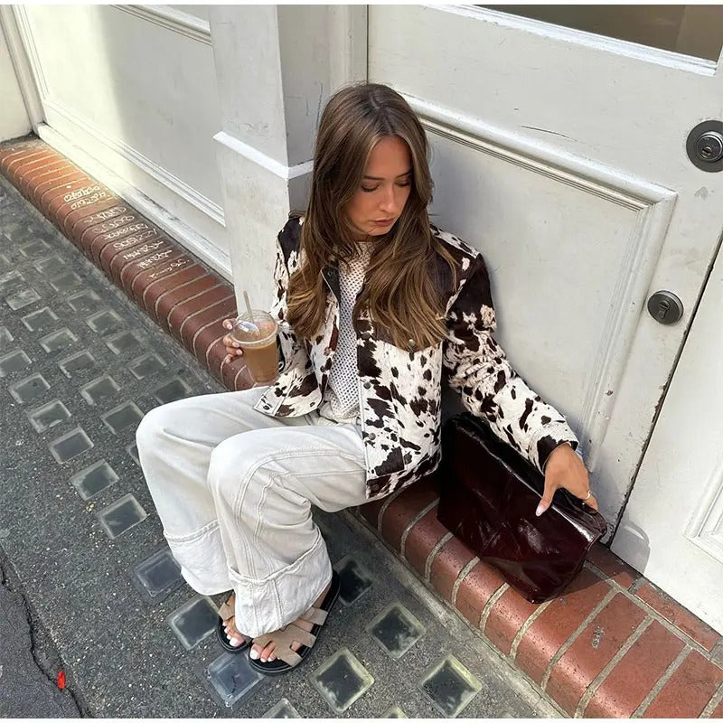 COW PRINT FAUX FUR JACKET