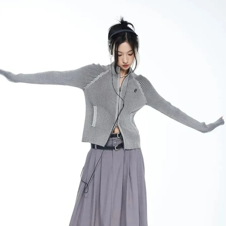 Y2K EMBROIDERED RIBBED ZIP-UP CARDIGAN