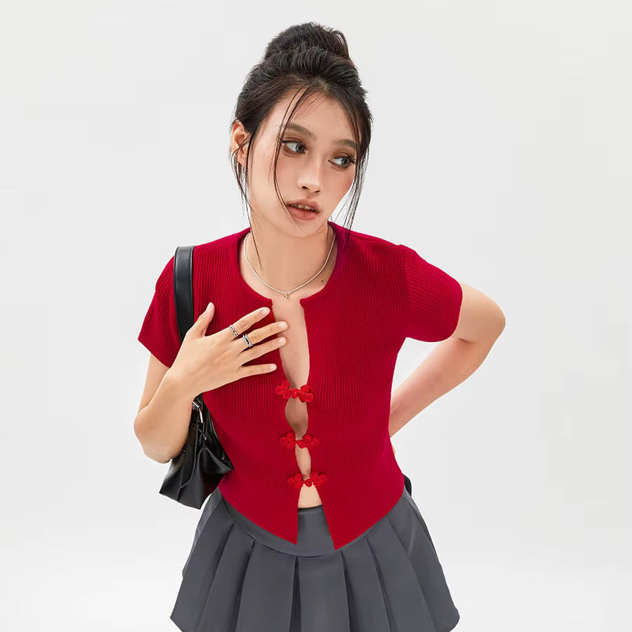 RED V-NECK SLIM-FIT CARDIGAN