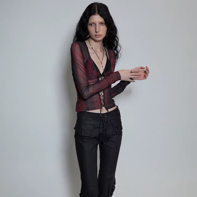 SHEER PRINTED LACE-UP TOP