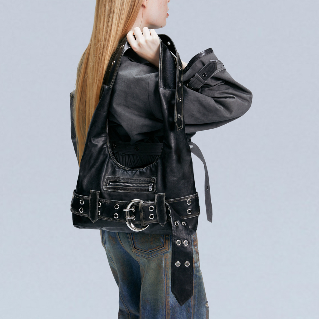 BLACK WASHED FAUX LEATHER BAG