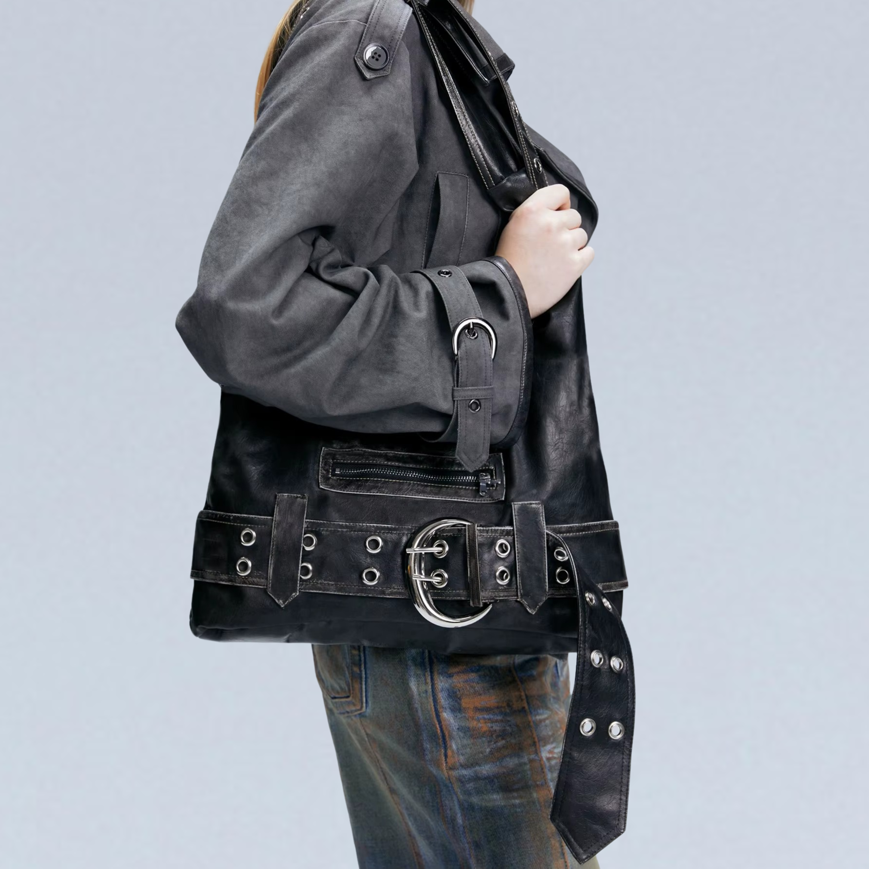 BLACK WASHED FAUX LEATHER BAG