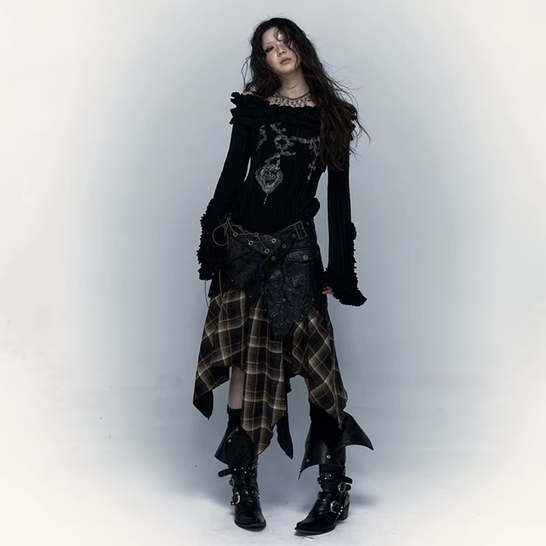 PLAID ASYMMETRIC PLEATED SKIRT