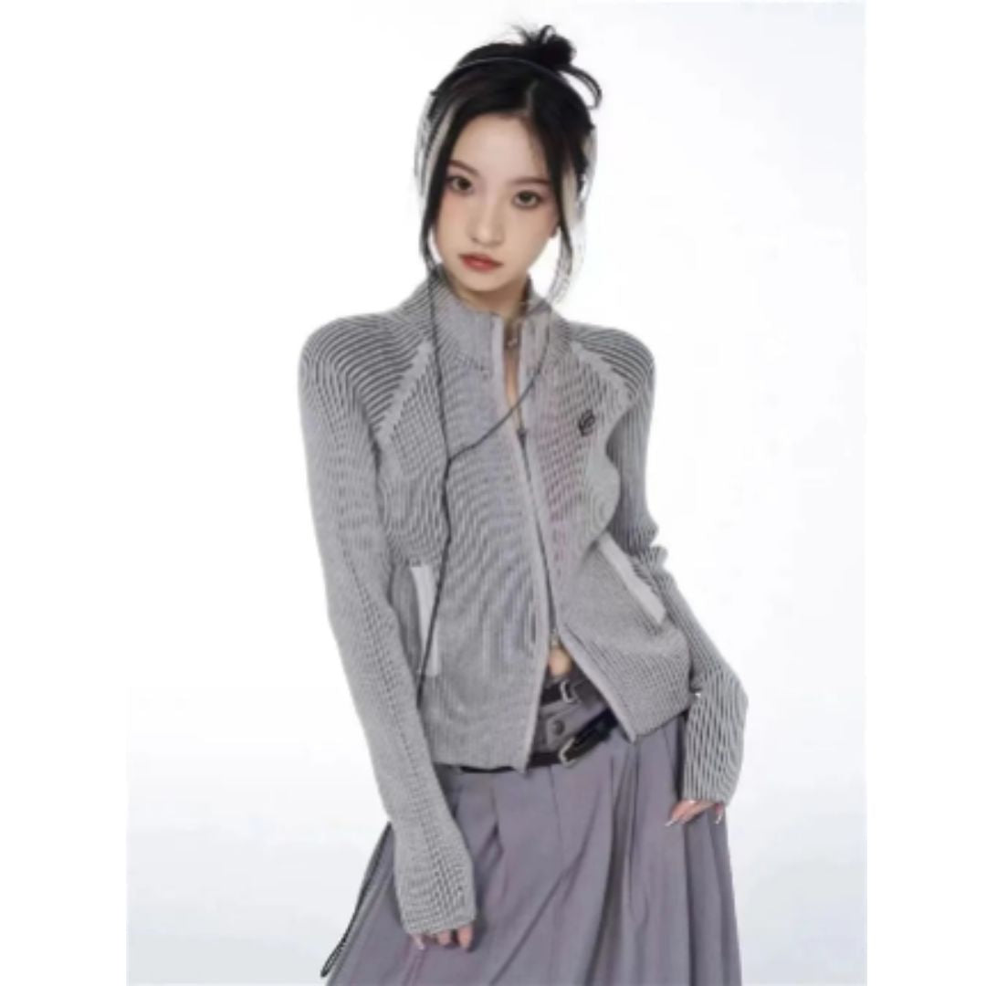 Y2K EMBROIDERED RIBBED ZIP-UP CARDIGAN