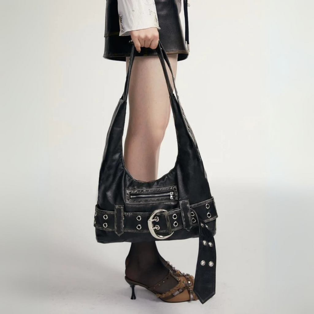 BLACK WASHED FAUX LEATHER BAG