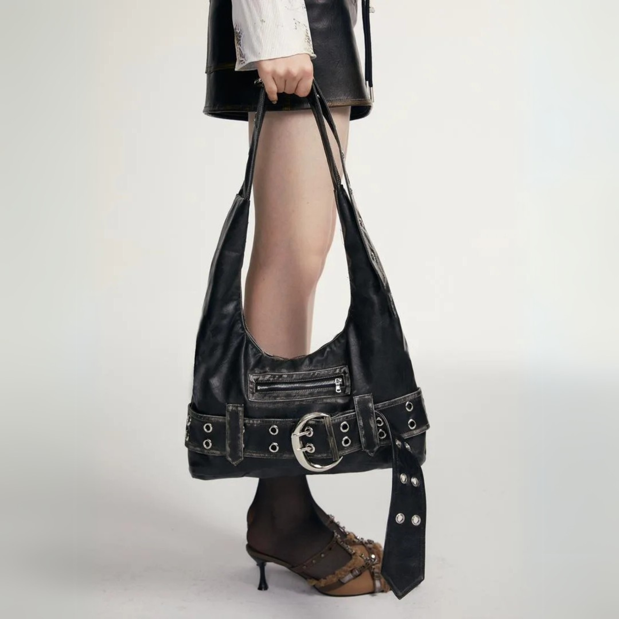 BLACK WASHED FAUX LEATHER BAG