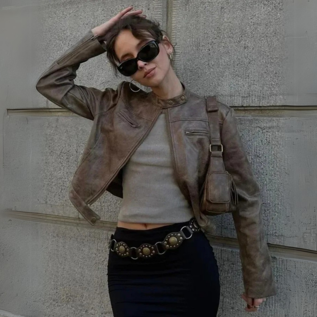 DISTRESSED LEATHER BIKER JACKET