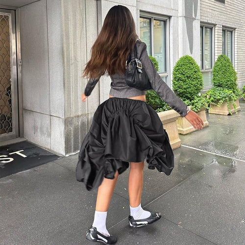 BLACK GATHERED RUSHED ASYMMETRICAL MINI SKIRT