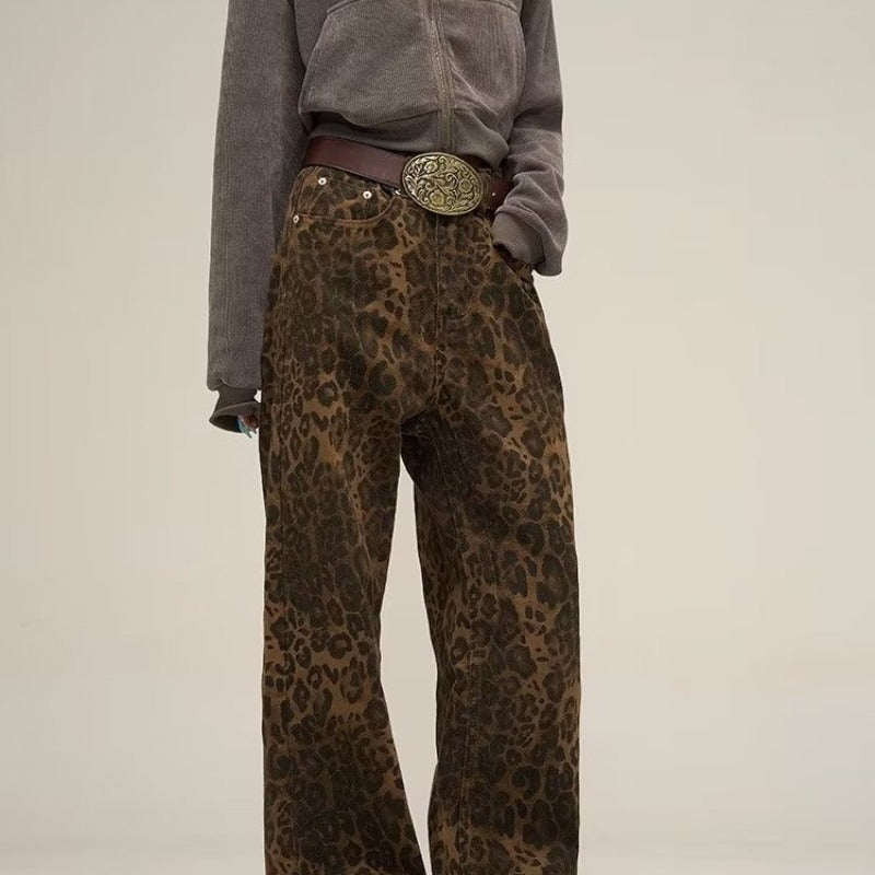 BROWN WIDE-LEG LEOPARD PRINT JEANS