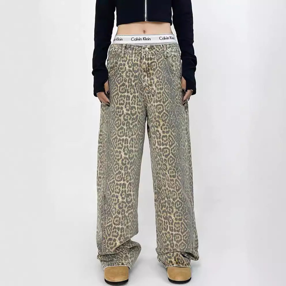 TAN LEOPARD PRINT WIDE-LEG JEANS