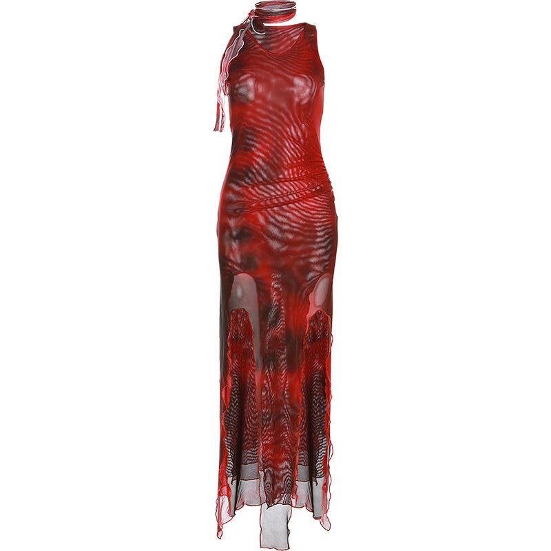 RED PRINTED MESH MAXI DRESS