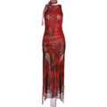 RED PRINTED MESH MAXI DRESS