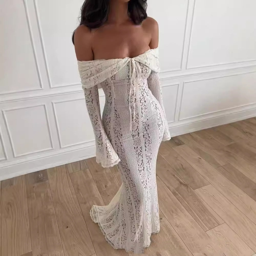 OFF WHITE OFF SHOULDER LACE MAXI DRESS