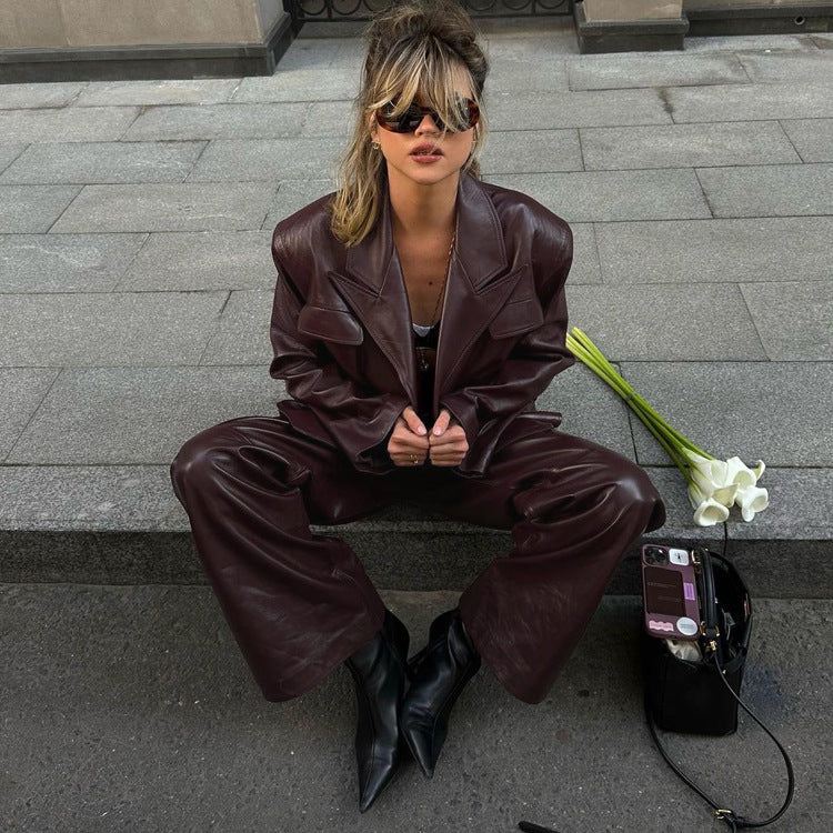 BURGUNDY FAUX LEATHER BELTED SUIT