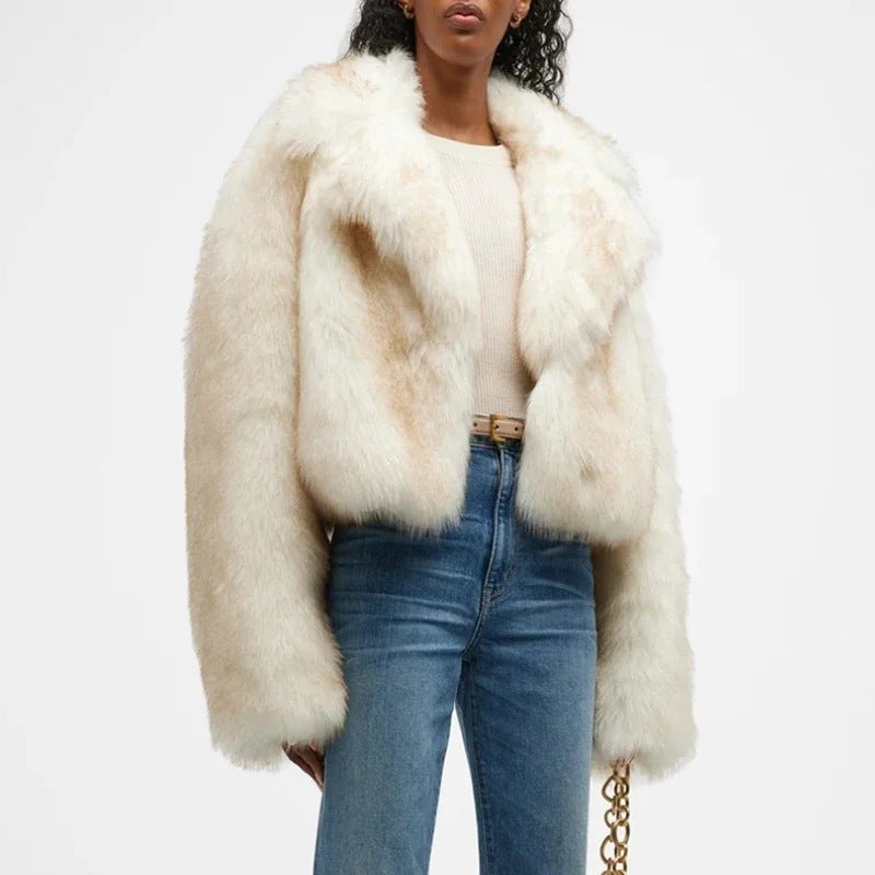 CREAM FAUX FUR CROPPED JACKET