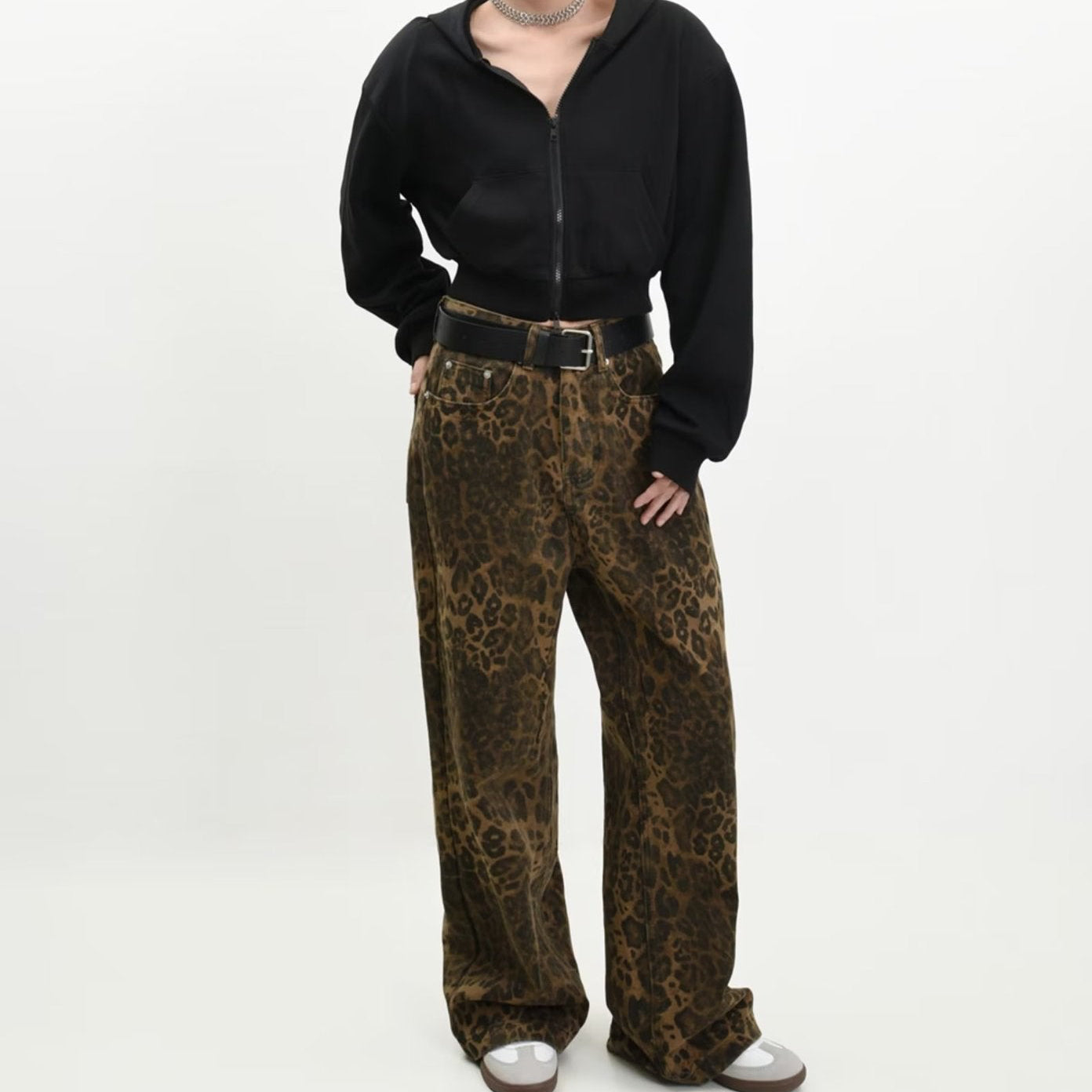 DARK BROWN LEOPARD PRINT WIDE-LEG JEANS