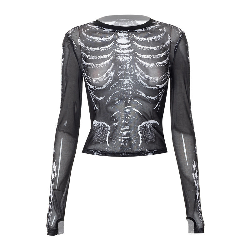 LONG SLEEVE SKELETON GRAPHIC MESH TOP