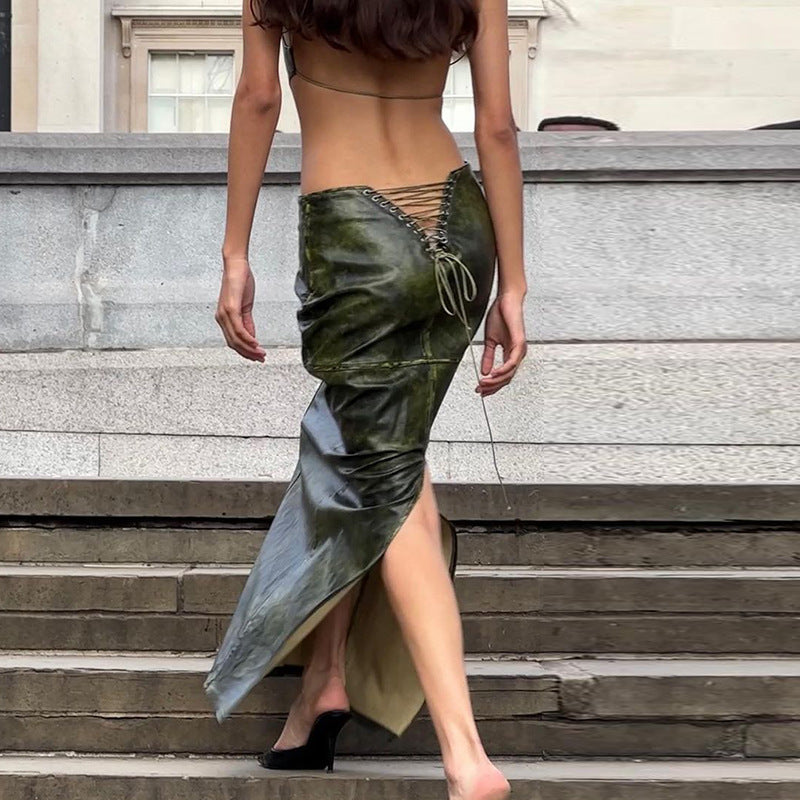 LACE UP FAUX LEATHER MAXI SKIRT