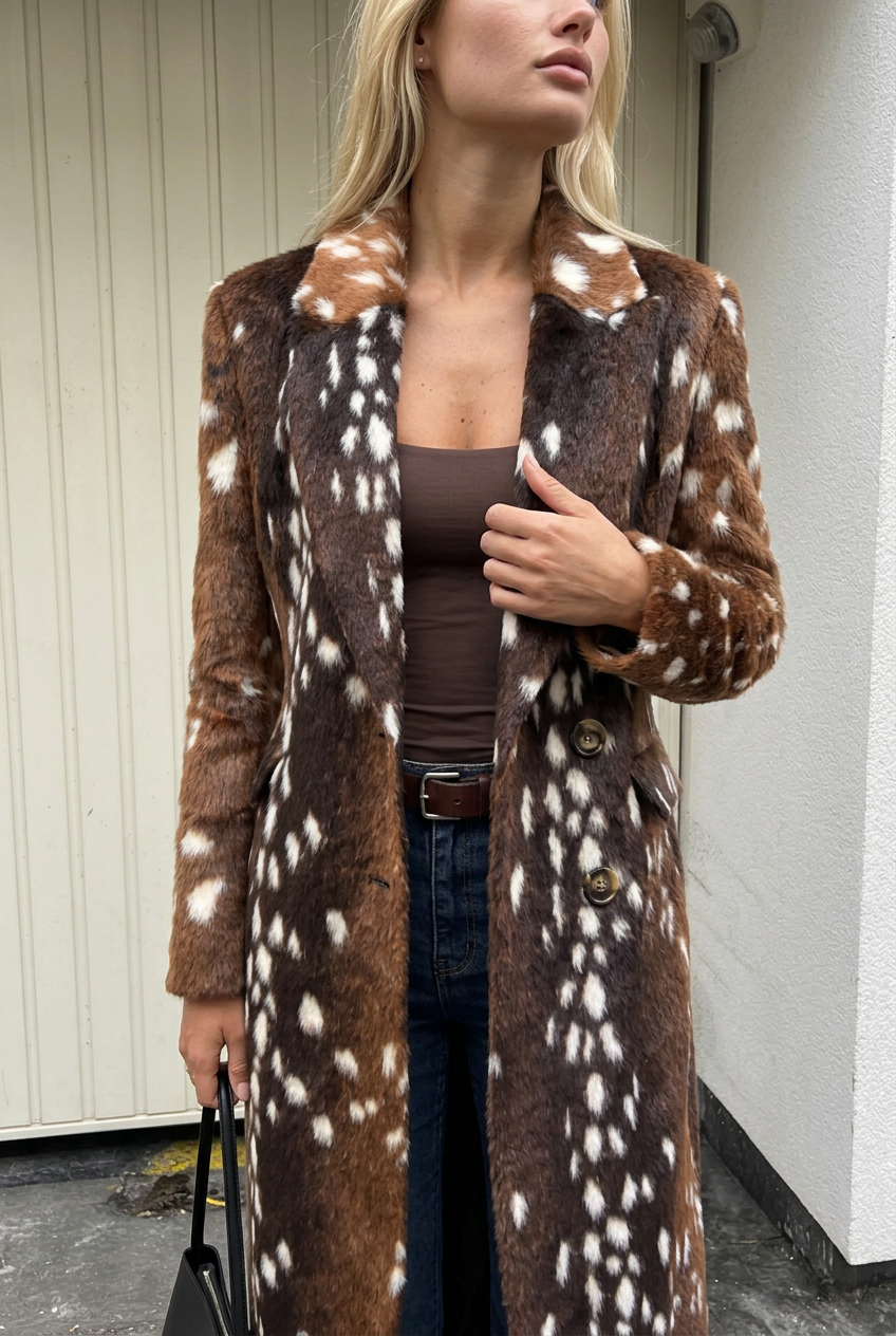 Close-up of lapel and coat print