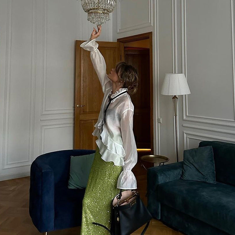 WHITE SHEER TIE-NECK BLOUSE