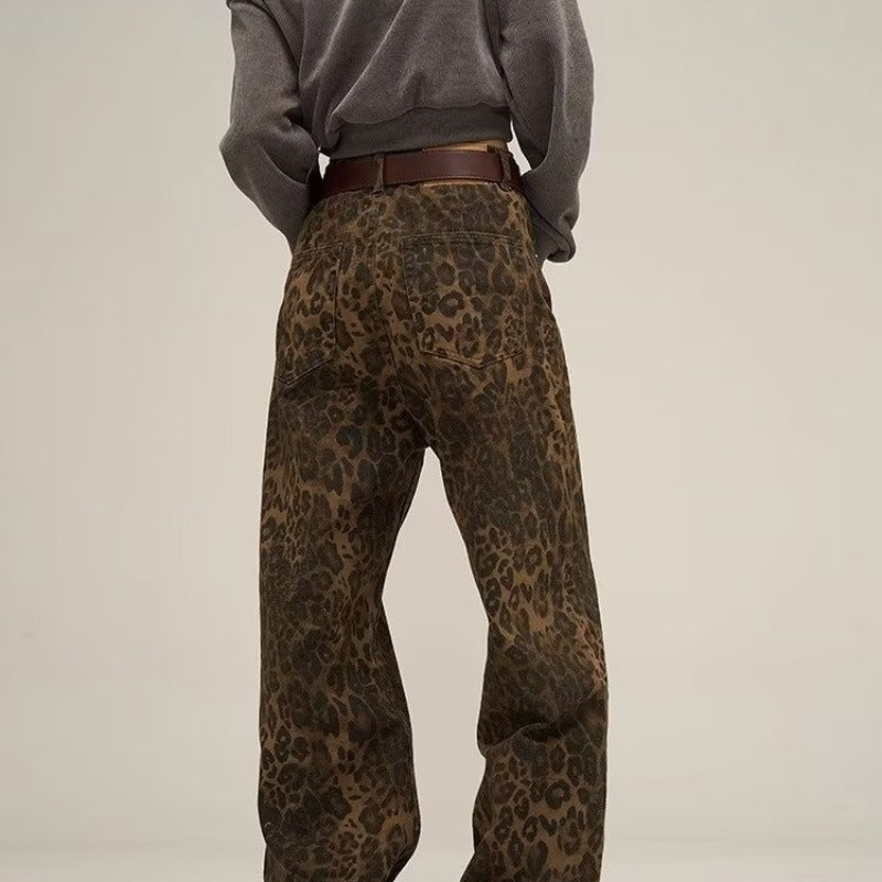 BROWN WIDE-LEG LEOPARD PRINT JEANS