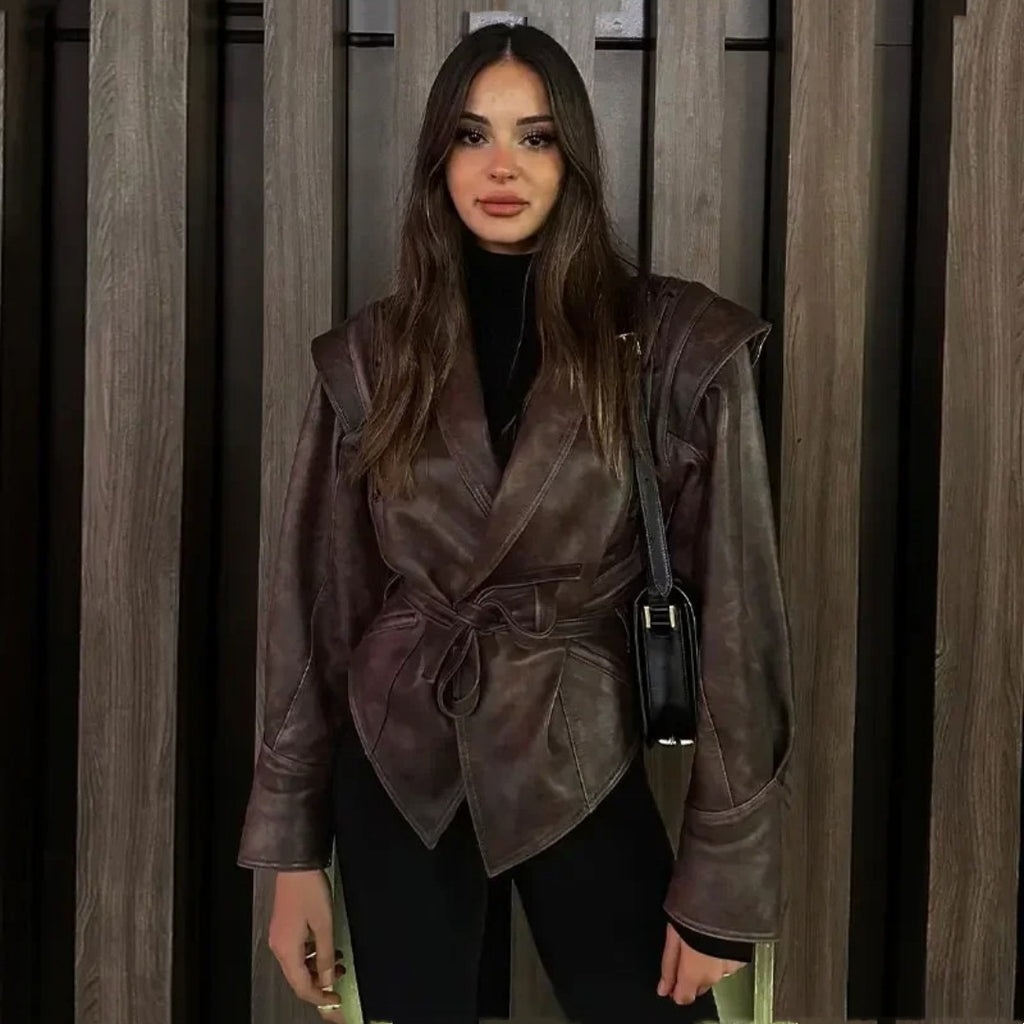 BROWN BELTED FAUX LEATHER JACKET