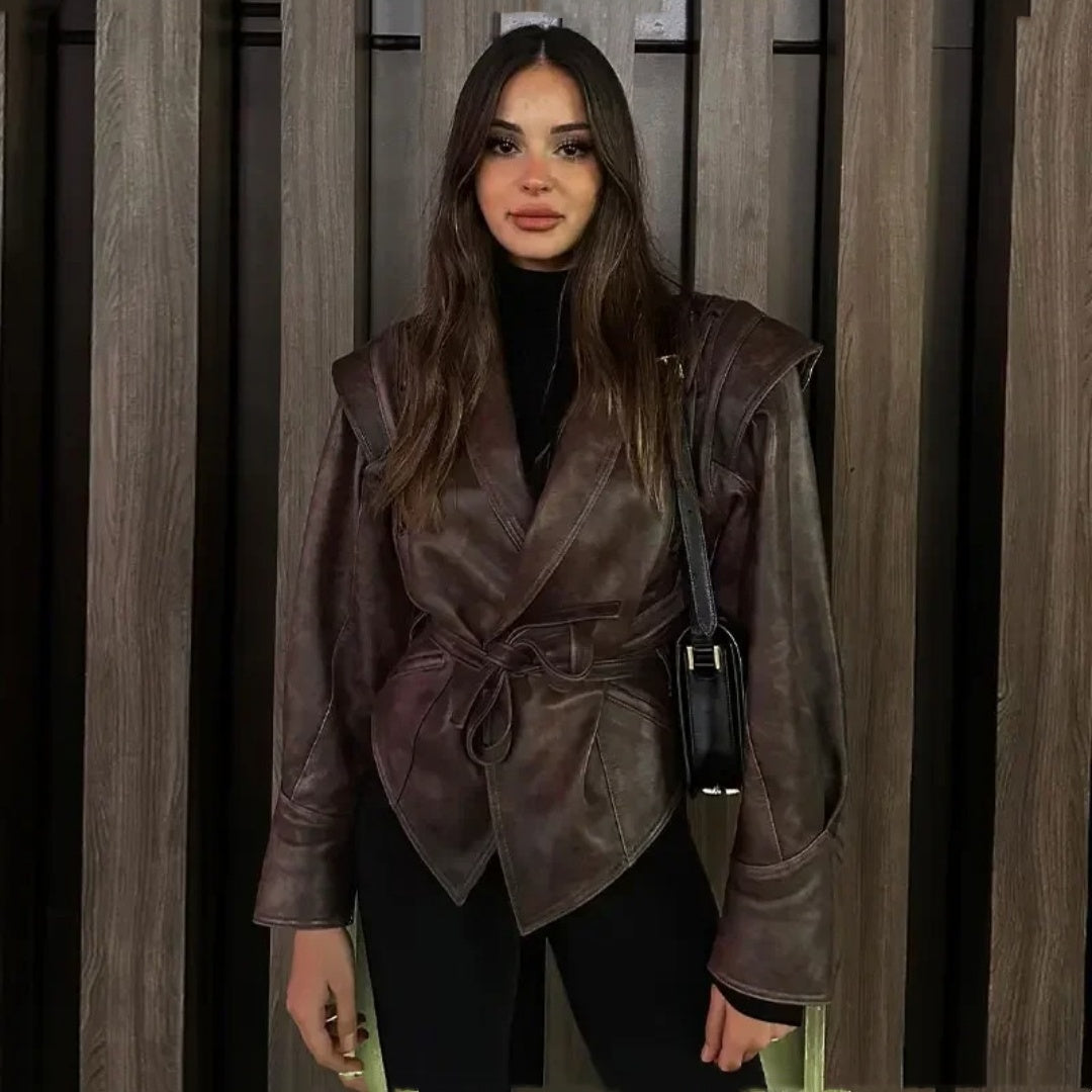 BROWN BELTED FAUX LEATHER JACKET