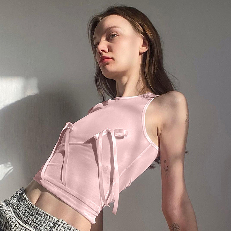 PINK BOW MESH CROP TOP