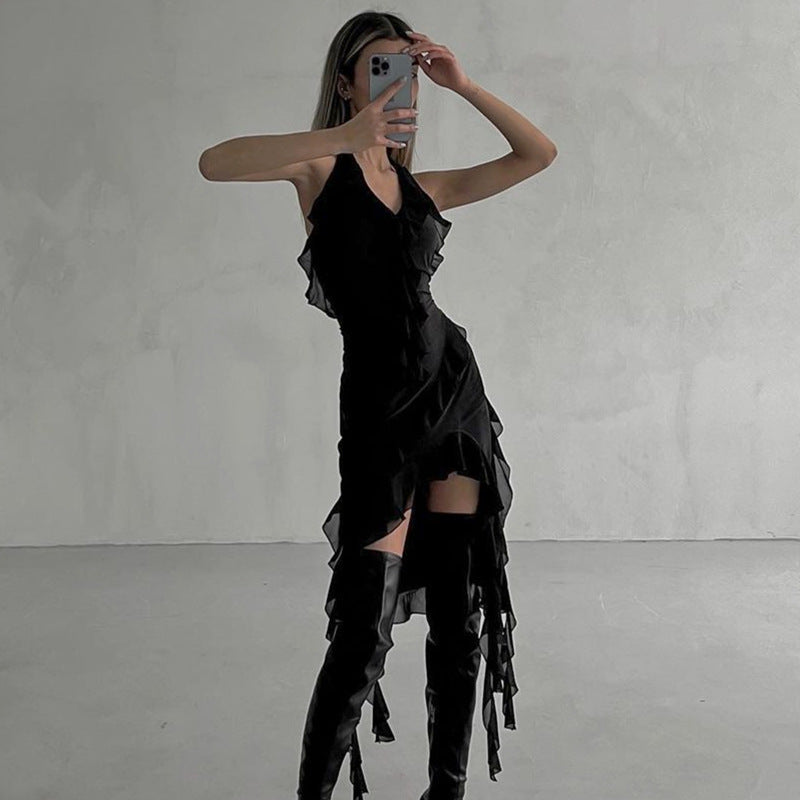 BLACK RUFFLED HEM DRESS