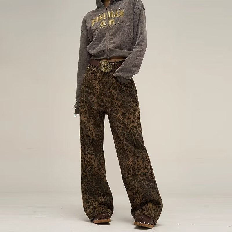 BROWN WIDE-LEG LEOPARD PRINT JEANS