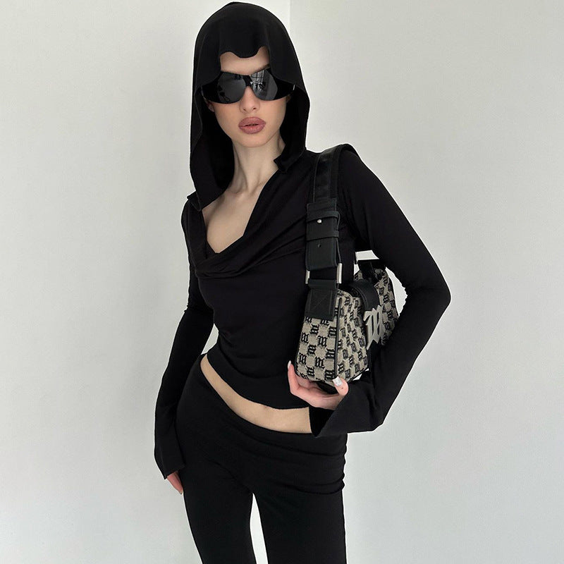 BLACK OFF-SHOULDER HOODED TOP