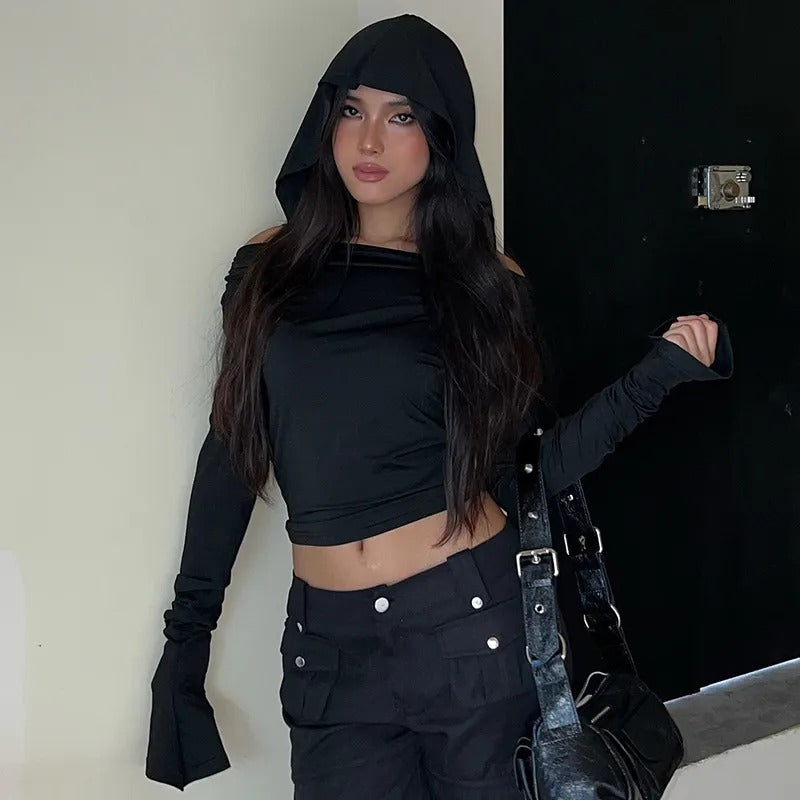 BLACK OFF-SHOULDER HOODED TOP