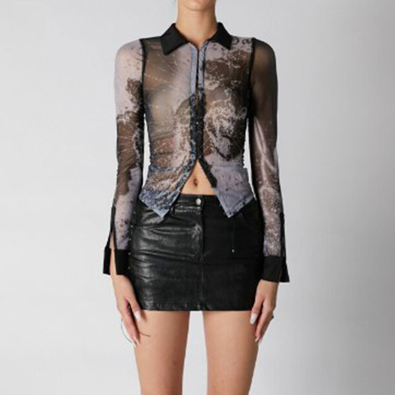 ABSTRACT PRINTED MESH SHIRT